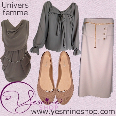 Jupe Nivine beige, tuniques Anissa et Beya taupe, ballerines Amilly II beige
www.yesmineshop.com