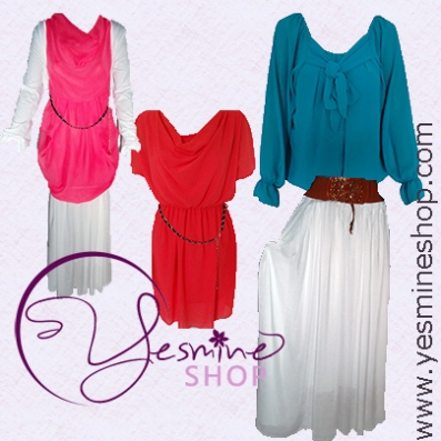 Jupe Louisa blanche, tunique Nedra et Beya corail, tunique Anissa turquoise 
www.yesmineshop.com