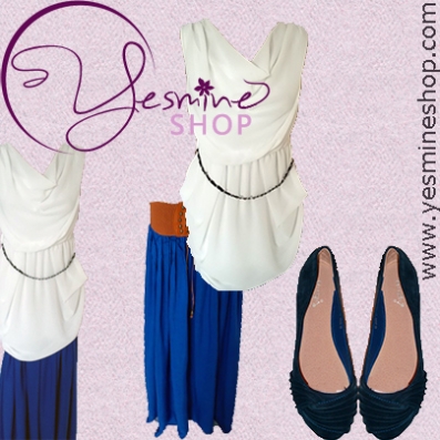 Jupe Louisa Bleu roi, tunique Beya blanche, Ballerine Amilly II bleue pétrole
www.yesmineshop.com