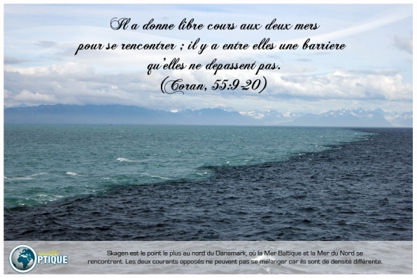 Il a donné libre cours aux deux mers pour se rencontrer; il y a entre elles une barrière qu'elles ne dépassent pas. (Coran, 55:19-20)