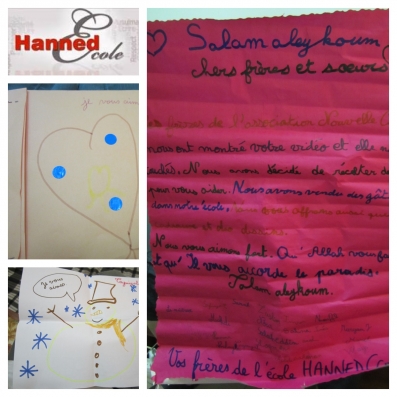 Nous avons également distribué les dessin des enfants de l'ecole Hanned d'argenteuil. Insha Allah dès notre retour nous aurons des images vidéo à partager.(https://www.facebook.com/ecole.hanned)