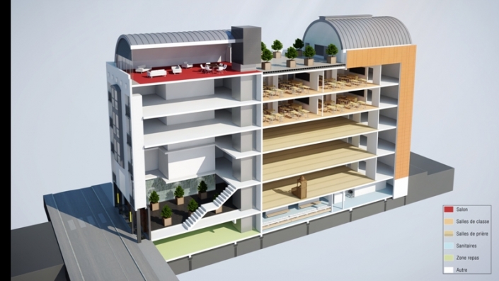 Niveau -1 : les salles d'ablutions, réfectoire
Rez-de-chaussée : une grande salle de prière
Niveau +1 : salle de prière, salle d'ablutions et salon ; exclusivement pour les femmes
Niveau +2, +3, +4 : Salle de prière/Salle de classe, bureaux
Niveau +5 : Salon, bibliothèque, jardin paysage