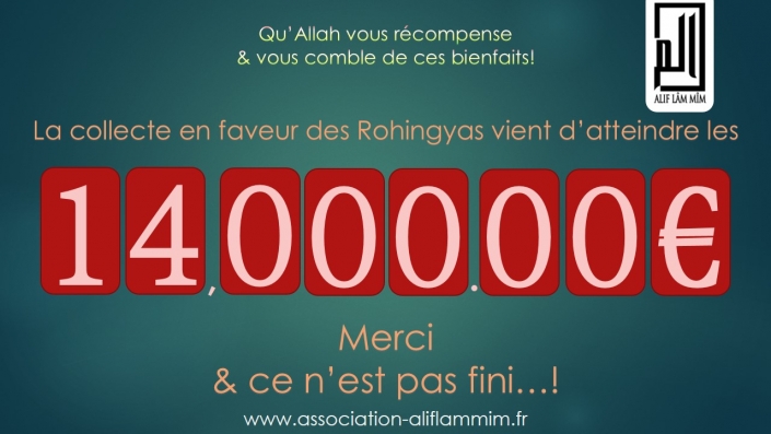 C'est fait! 
On continue : 
Paypal : don.pour.rohingyas@gmail.com
Virement : Banque : 10278 - Guichet: 08969 - Compte: 00040330501 - Clé: 61
IBAN : FR76 1027 8089 6900 0403 3050 161 - BIC: CMCIFR2A

Chèque : Association Alif lam mim, 2 rue des fleurs de sauge, 84000 Avignon
Par CB : sur notre s