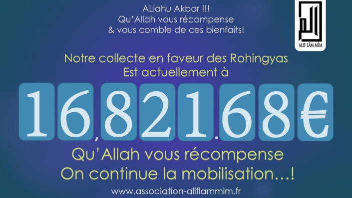Notre compteur est actuellement à 16.821€ en faveur des rohingyas, on continue la mobilisation !

Objectif 17.000 en vue !