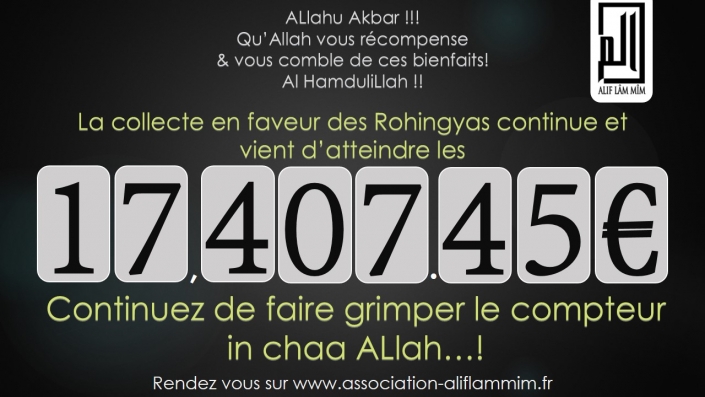 La mobilisation continue ! 
Compteur actuellement à 17.407€

association-aliflammim.fr 

BismilLah à vos dons !