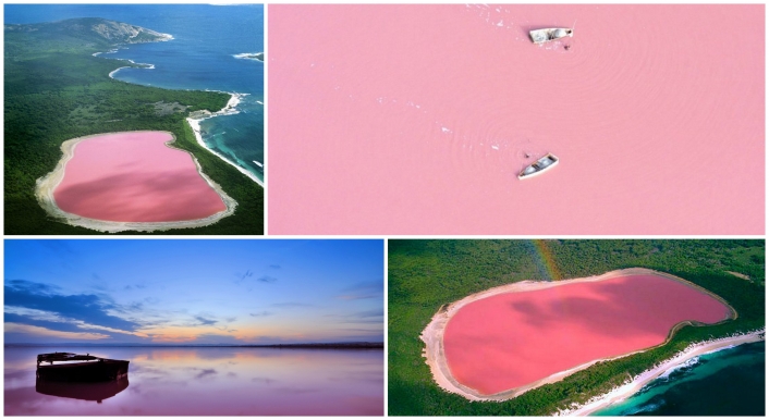 Le Lac Retba (surnommé le « Lac Rose ») au Sénégal. Sa couleur rose est due à une bactérie inoffensive qu'on trouve dans l'eau. Le Lac Retba est aussi très salé, ce qui permet aux gens d'y flotter sans effort, tout comme la Mer Morte. Ce lac est en fait une fois et demi plus salé que