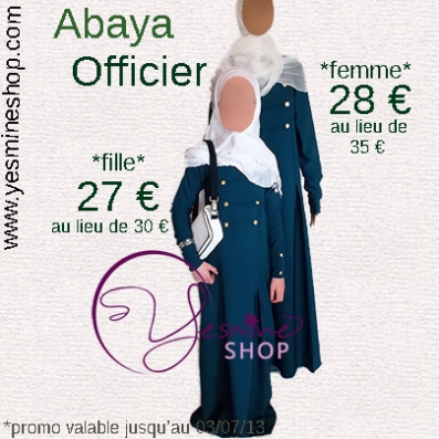 La abaya Officier est aussi en promo !
28 euros au lieu de 35 pour la version femme et 27 euros au lieu de 30 pour la robe fille ! Profitez-en, c'est le moment !
http://www.yesmineshop.com/4-abaya