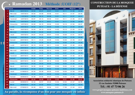 En distribution à la mosquée de Puteaux:  les horaires de Ramadan 2013